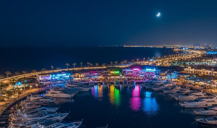 Vibrant nightlife at Hurghada Marina bars and clubs.