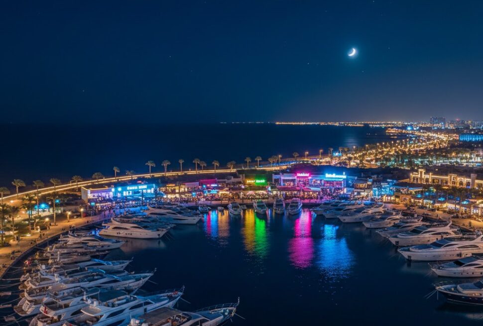 Vibrant nightlife at Hurghada Marina bars and clubs.