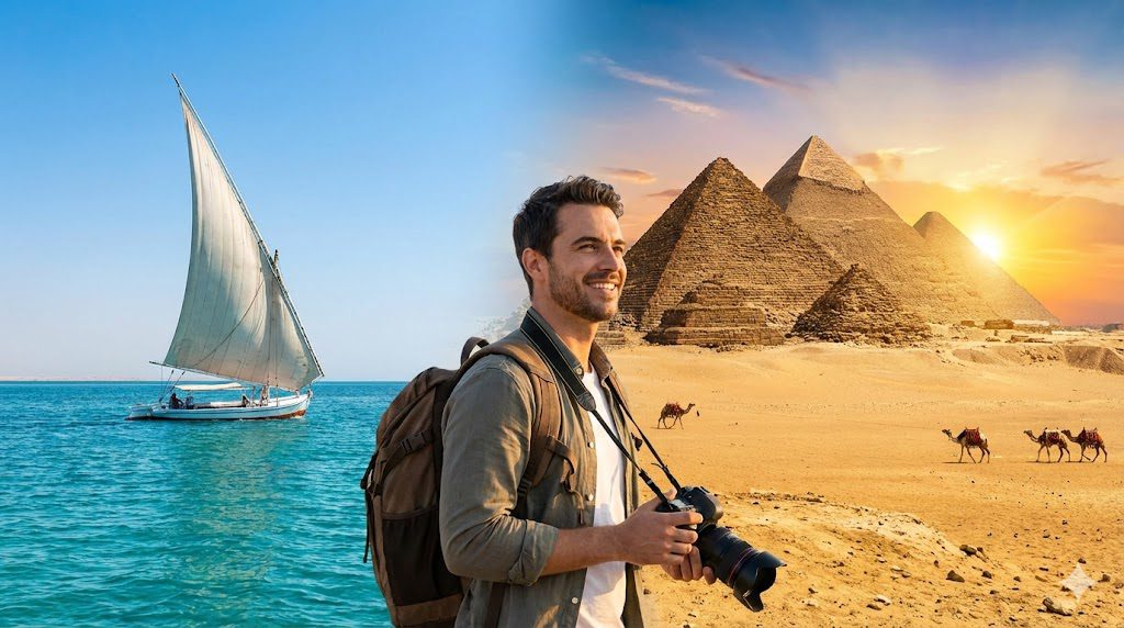 Excited tourist at Giza Pyramids enjoying a safe Hurghada to Pyramids day trip in 2026