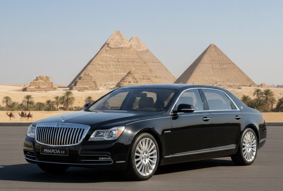 Luxury car parked with a view of Giza Pyramids for Hurghada to Pyramids private trip.