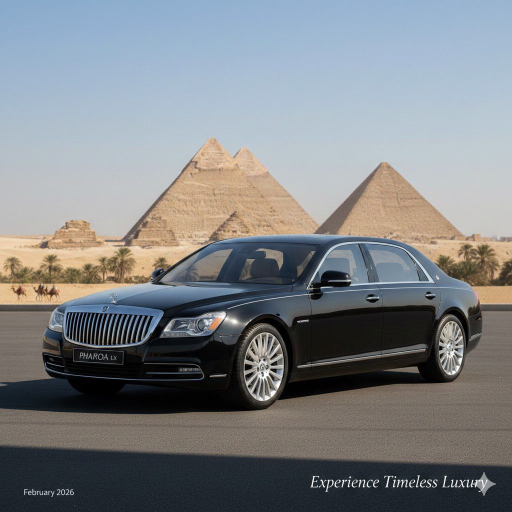 Luxury car parked with a view of Giza Pyramids for Hurghada to Pyramids private trip